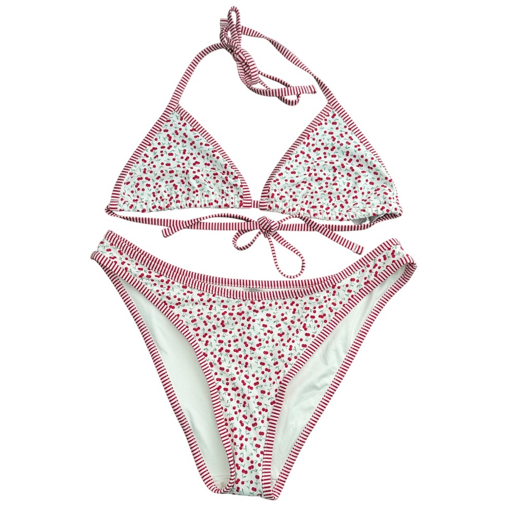 Pink by Frankies Bikinis Cherry Print Triangle Bikini Set Red White XL NWT